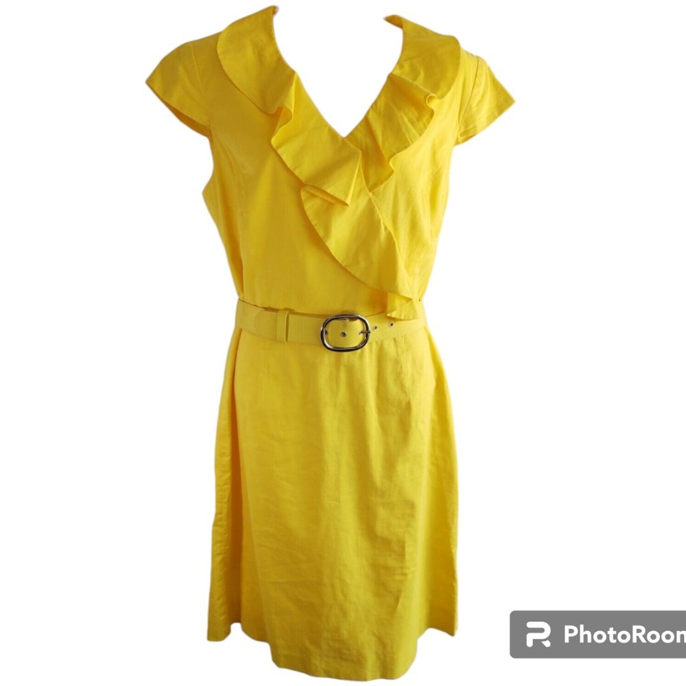 Alex Marie 100% Cotton Yellow Cupsleeves Ruffled V-Neck Belt Lined Mini Dress 16